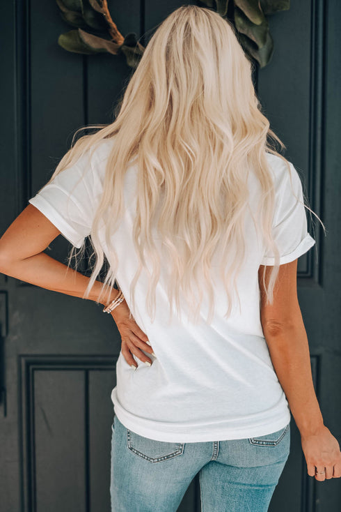 White Flowing Bow Knot Print Round Neck Casual Tee
